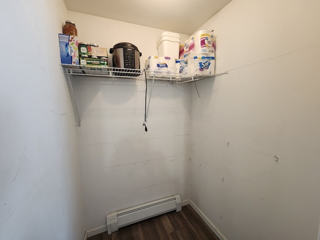 walk in closet featuring dark wood-style floors and a baseboard radiator