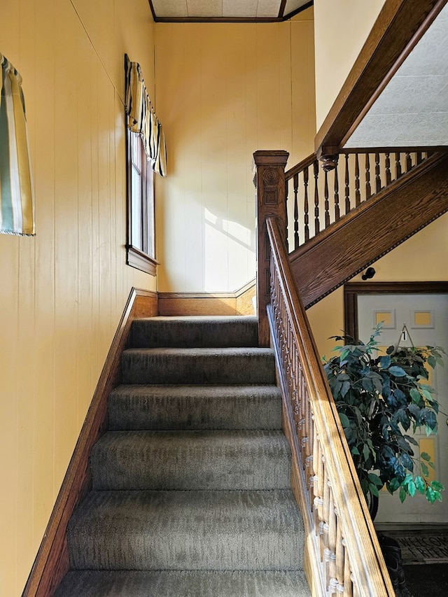 staircase with wood walls