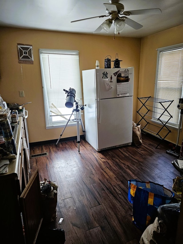 interior space with dark wood-style floors and a ceiling fan