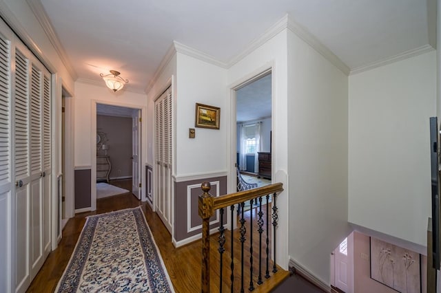 hallway with dark hardwood / wood-style flooring and ornamental molding