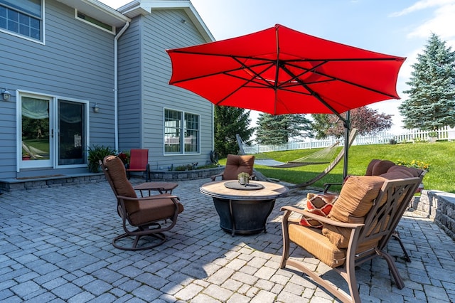 view of patio / terrace featuring a fire pit