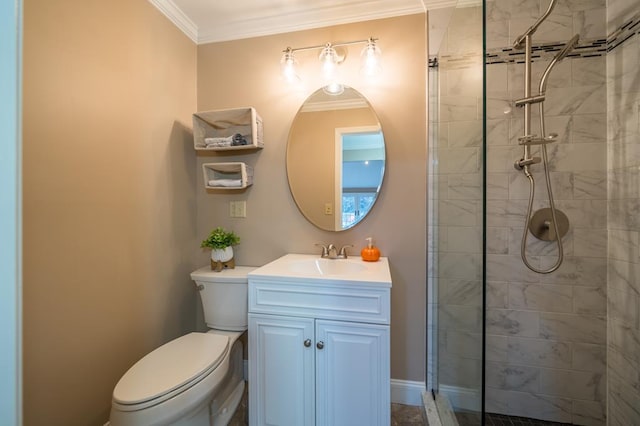 bathroom featuring vanity, a tile shower, crown molding, and toilet