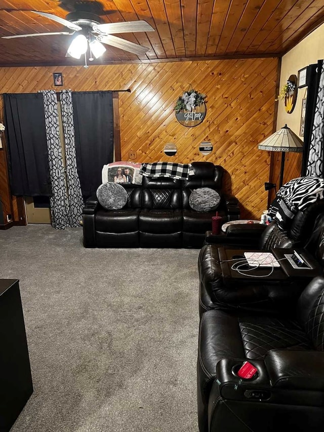 408 W Honeoye St, Shinglehouse, PA 16748 - living area featuring a ceiling fan, wood ceiling, carpet floors, and wood walls