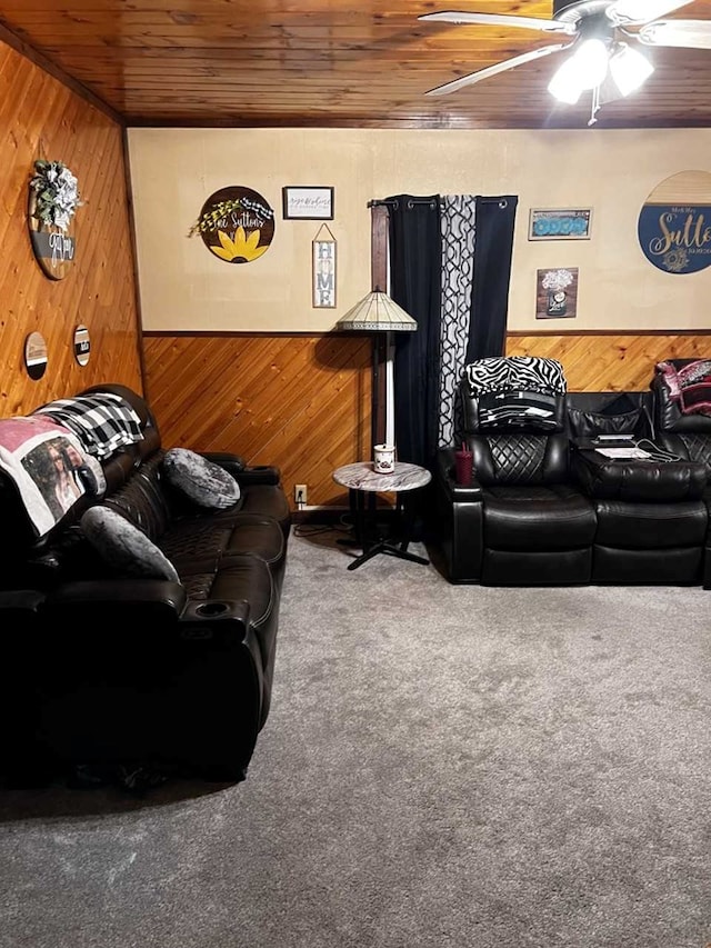 408 W Honeoye St, Shinglehouse, PA 16748 - living area featuring carpet floors, wooden walls, wooden ceiling, and ceiling fan