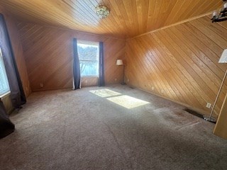 additional living space with carpet floors, wood ceiling, and wood walls