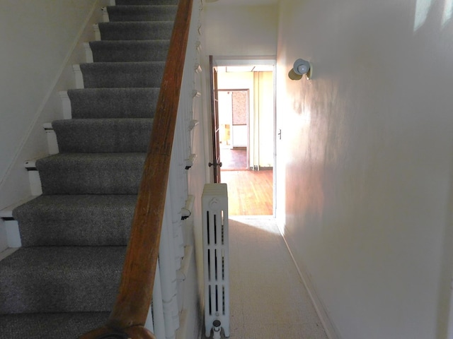 stairway with radiator heating unit and baseboards