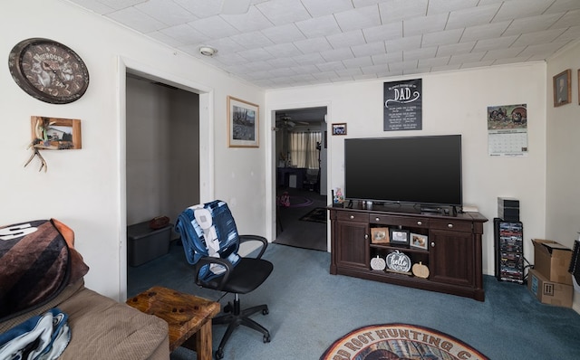 carpeted office space with ornamental molding