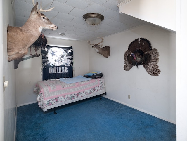 bedroom featuring dark carpet