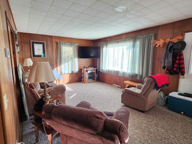 carpeted living room featuring wood walls and plenty of natural light