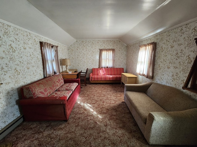 carpeted living room with lofted ceiling and a baseboard radiator