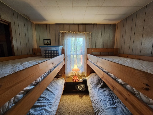 interior space featuring carpet flooring and wood walls