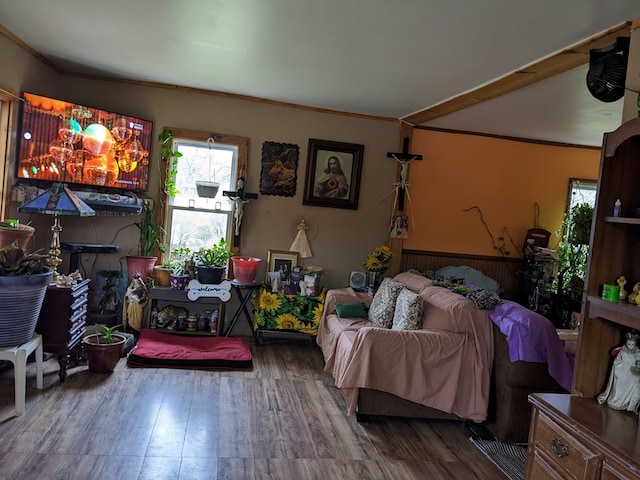 living room featuring crown molding and wood-type flooring