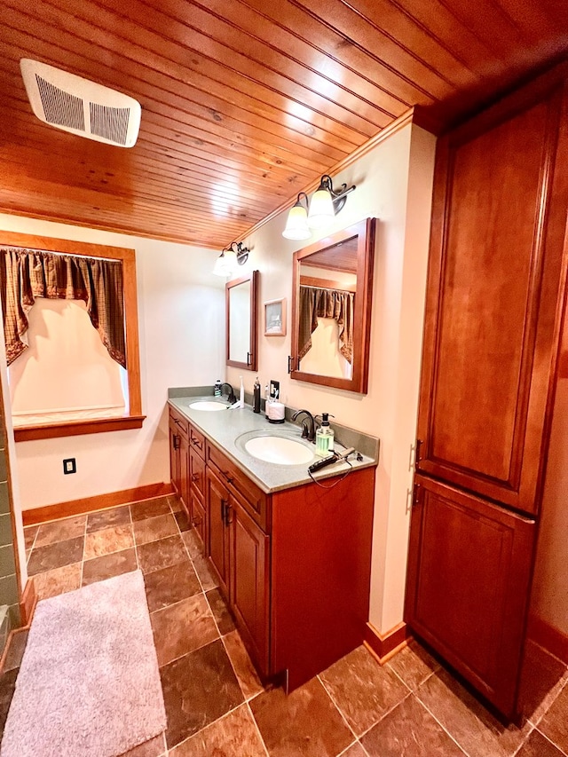 bathroom with vanity and wood ceiling