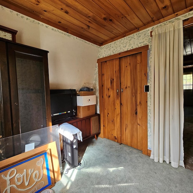 interior space with carpet and wooden ceiling