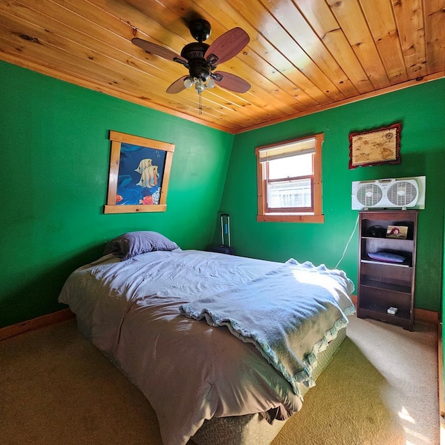 bedroom featuring carpet flooring, ceiling fan, and wood ceiling