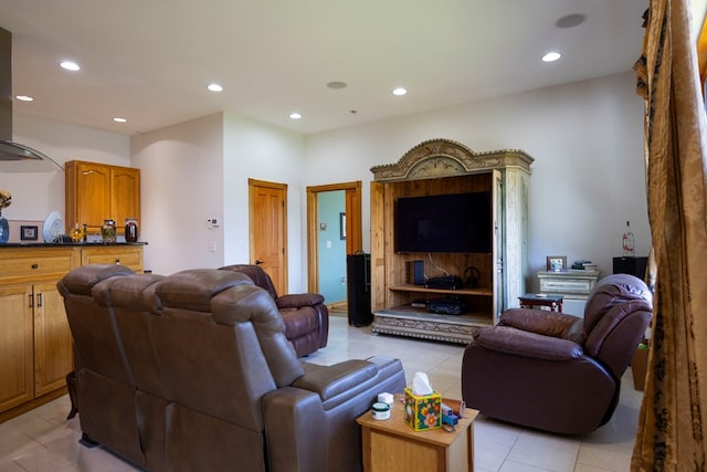 living room featuring light tile patterned flooring