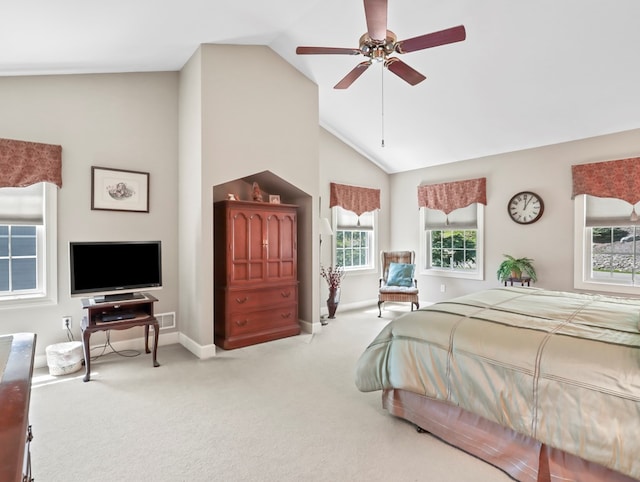 335 Sullivan Dr, Sayre, PA 18840 - bedroom with baseboards, carpet floors, high vaulted ceiling, and a ceiling fan