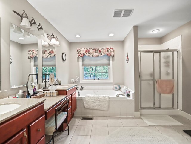 335 Sullivan Dr, Sayre, PA 18840 - full bath with a garden tub, vanity, a stall shower, tile patterned floors, and recessed lighting