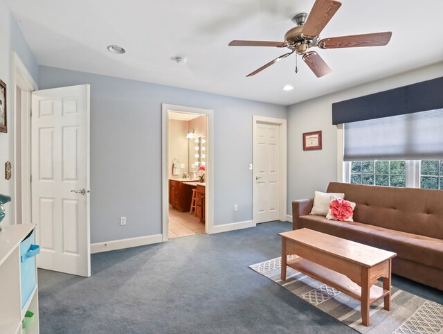 335 Sullivan Dr, Sayre, PA 18840 - living room featuring carpet flooring, a ceiling fan, baseboards, and recessed lighting