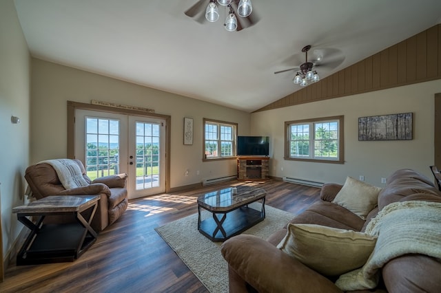 481 Case Rd, Sayre, PA 18840 - living area with ceiling fan, baseboard heating, dark wood finished floors, french doors, and vaulted ceiling