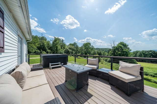 481 Case Rd, Sayre, PA 18840 - deck with a hot tub, an outdoor hangout area, and a lawn