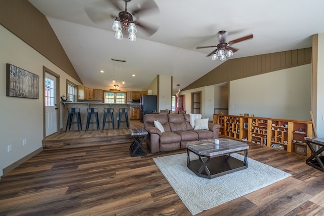 481 Case Rd, Sayre, PA 18840 - living room featuring a ceiling fan, lofted ceiling, and dark wood finished floors