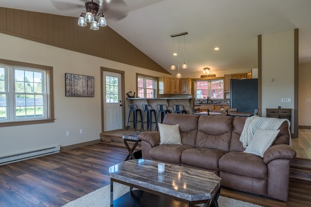481 Case Rd, Sayre, PA 18840 - living area with a ceiling fan, wood finished floors, a baseboard radiator, recessed lighting, and high vaulted ceiling