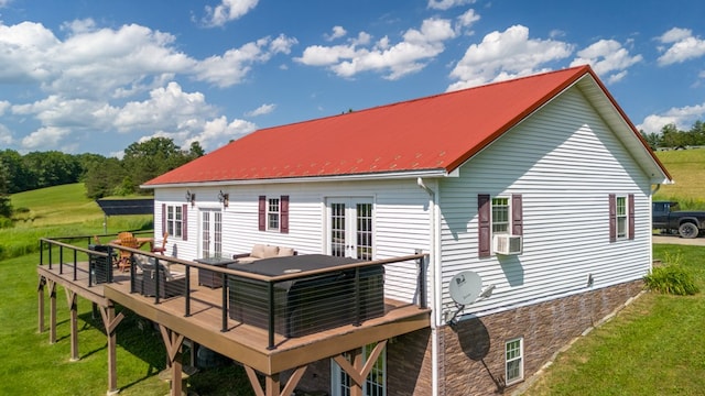 481 Case Rd, Sayre, PA 18840 - back of house with french doors, a wooden deck, a metal roof, and a lawn