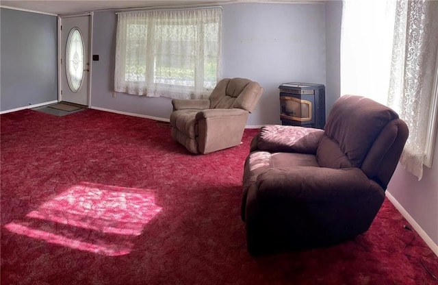 12655 Berwick Tpke, Gillett, PA 16925 - carpeted living room with a wood stove and baseboards