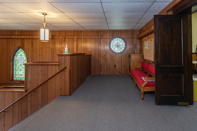 sitting room featuring carpet floors, wooden walls, and a healthy amount of sunlight