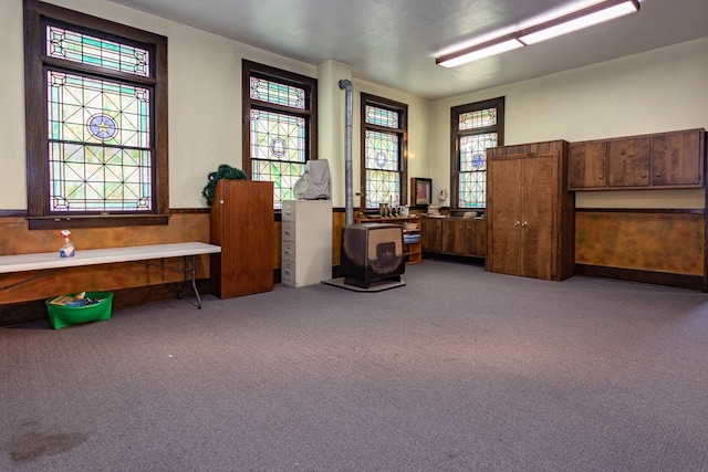 misc room with carpet flooring and a wainscoted wall