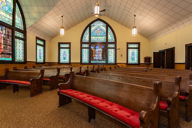 miscellaneous room featuring carpet flooring and high vaulted ceiling