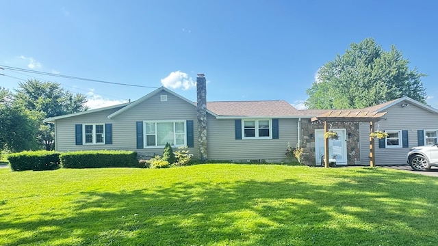 106 Magnolia St, Athens, PA 18810 - ranch-style home with a front lawn, a chimney, and a pergola