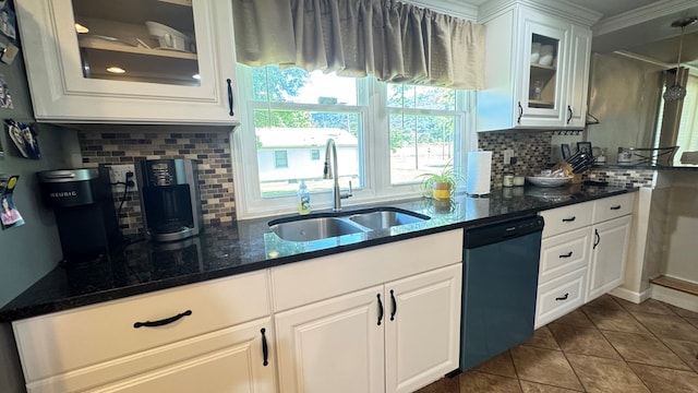 106 Magnolia St, Athens, PA 18810 - kitchen featuring dishwasher, decorative backsplash, glass insert cabinets, and dark tile patterned floors