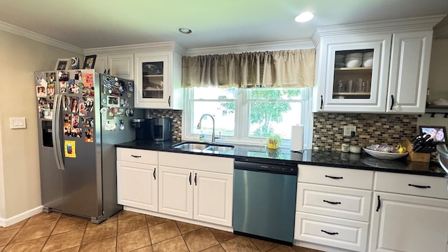 106 Magnolia St, Athens, PA 18810 - kitchen featuring dishwashing machine, stainless steel refrigerator with ice dispenser, white cabinets, and ornamental molding