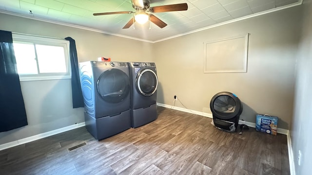 106 Magnolia St, Athens, PA 18810 - washroom with washer and dryer, ornamental molding, a ceiling fan, and wood finished floors