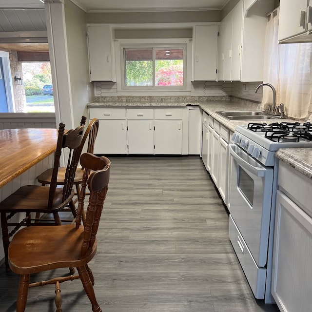 kitchen with plenty of natural light, gas stove, white cabinetry, and sink