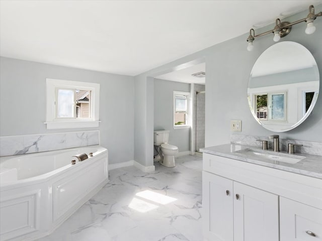 bathroom featuring a tub, plenty of natural light, and vanity