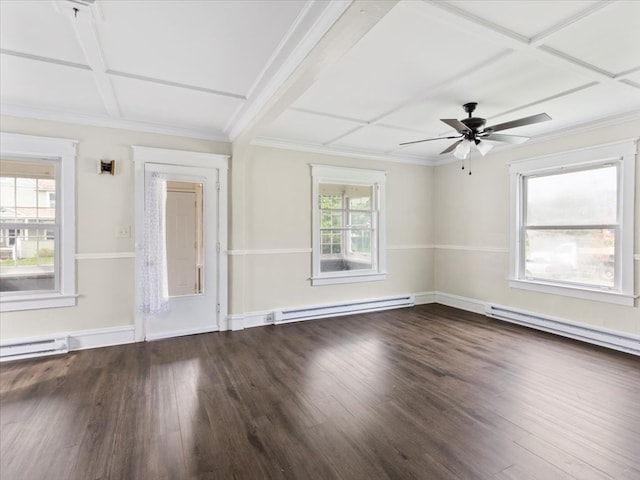 empty room featuring coffered ceiling, dark hardwood / wood-style flooring, and a baseboard heating unit