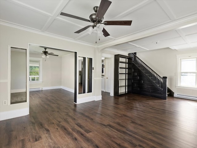 unfurnished living room with ceiling fan, dark hardwood / wood-style flooring, baseboard heating, and coffered ceiling