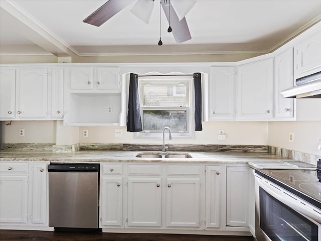 kitchen featuring dishwasher, white cabinets, sink, ceiling fan, and electric range oven