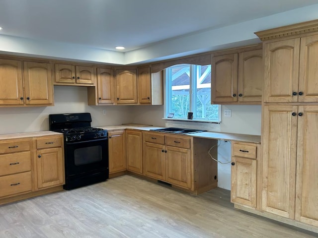 342 Smoke Rise Rd, Mansfield, PA 16933 - kitchen with black gas stove, light wood-type flooring, light countertops, and recessed lighting