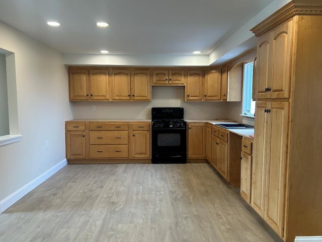 342 Smoke Rise Rd, Mansfield, PA 16933 - kitchen featuring black gas stove, light wood finished floors, light countertops, recessed lighting, and brown cabinets