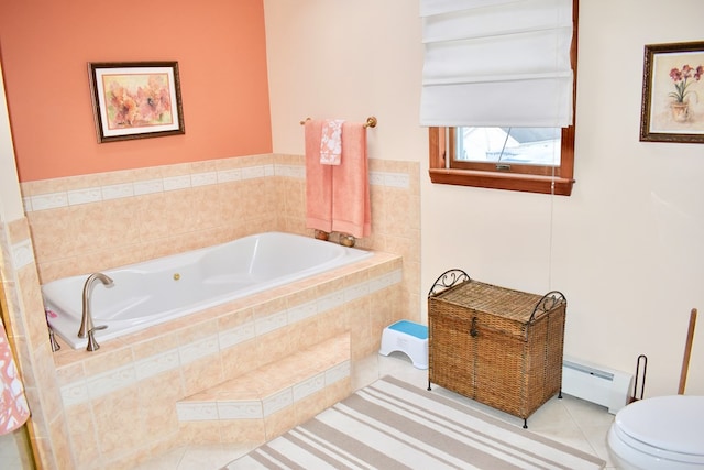 bathroom featuring toilet, tile patterned floors, tiled bath, and a baseboard heating unit