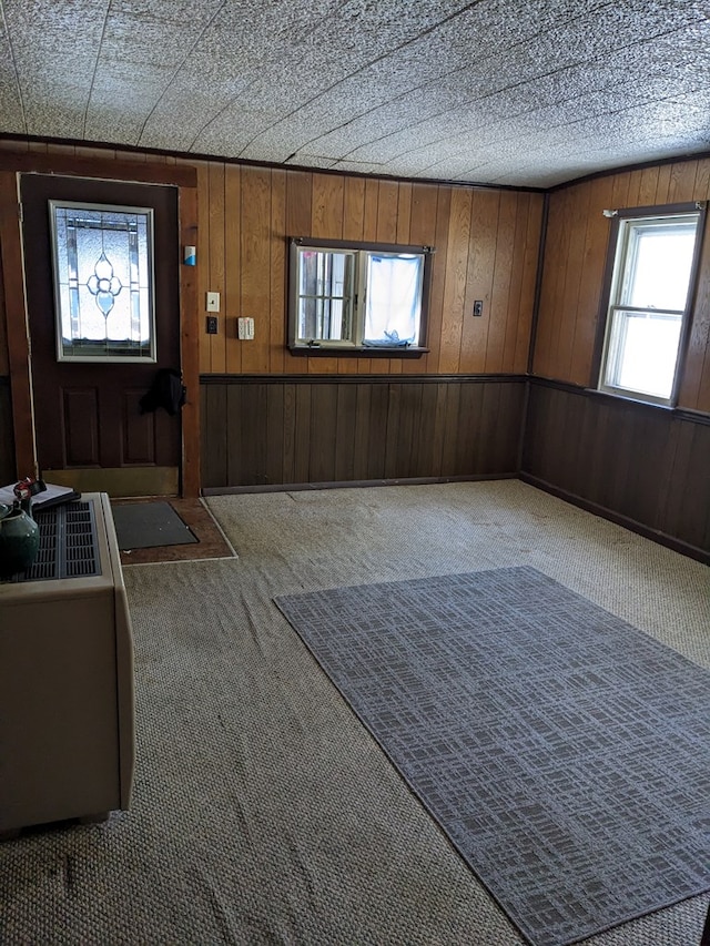 entrance foyer featuring carpet flooring and wooden walls