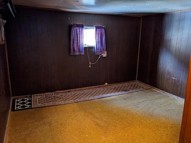 unfurnished room featuring carpet flooring and wood walls