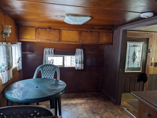 kitchen featuring wooden ceiling and wooden walls