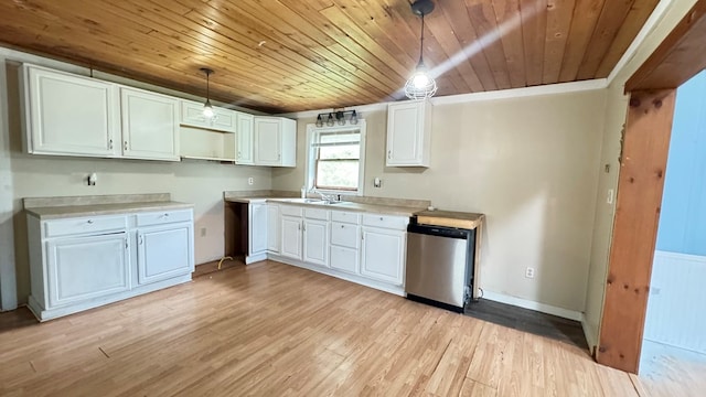 8380 Sheshequin Rd, Athens, PA 18810 - kitchen featuring stainless steel dishwasher, wooden ceiling, white cabinets, light wood finished floors, and pendant lighting