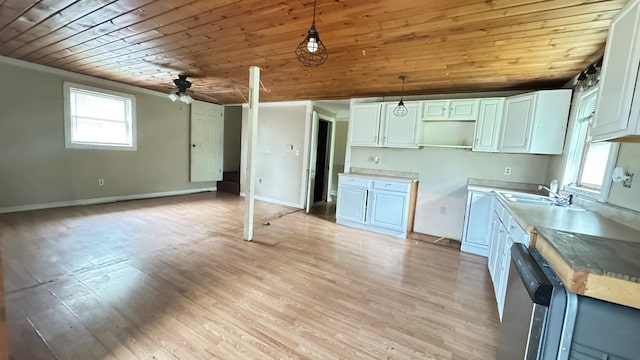 8380 Sheshequin Rd, Athens, PA 18810 - kitchen with wood ceiling, stainless steel dishwasher, a sink, pendant lighting, and a ceiling fan