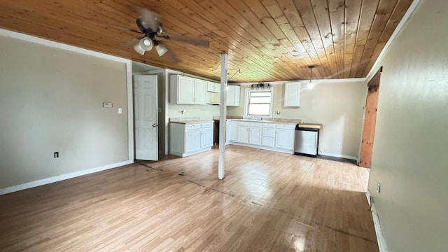 8380 Sheshequin Rd, Athens, PA 18810 - kitchen featuring wood ceiling, white cabinetry, light wood finished floors, light countertops, and ceiling fan